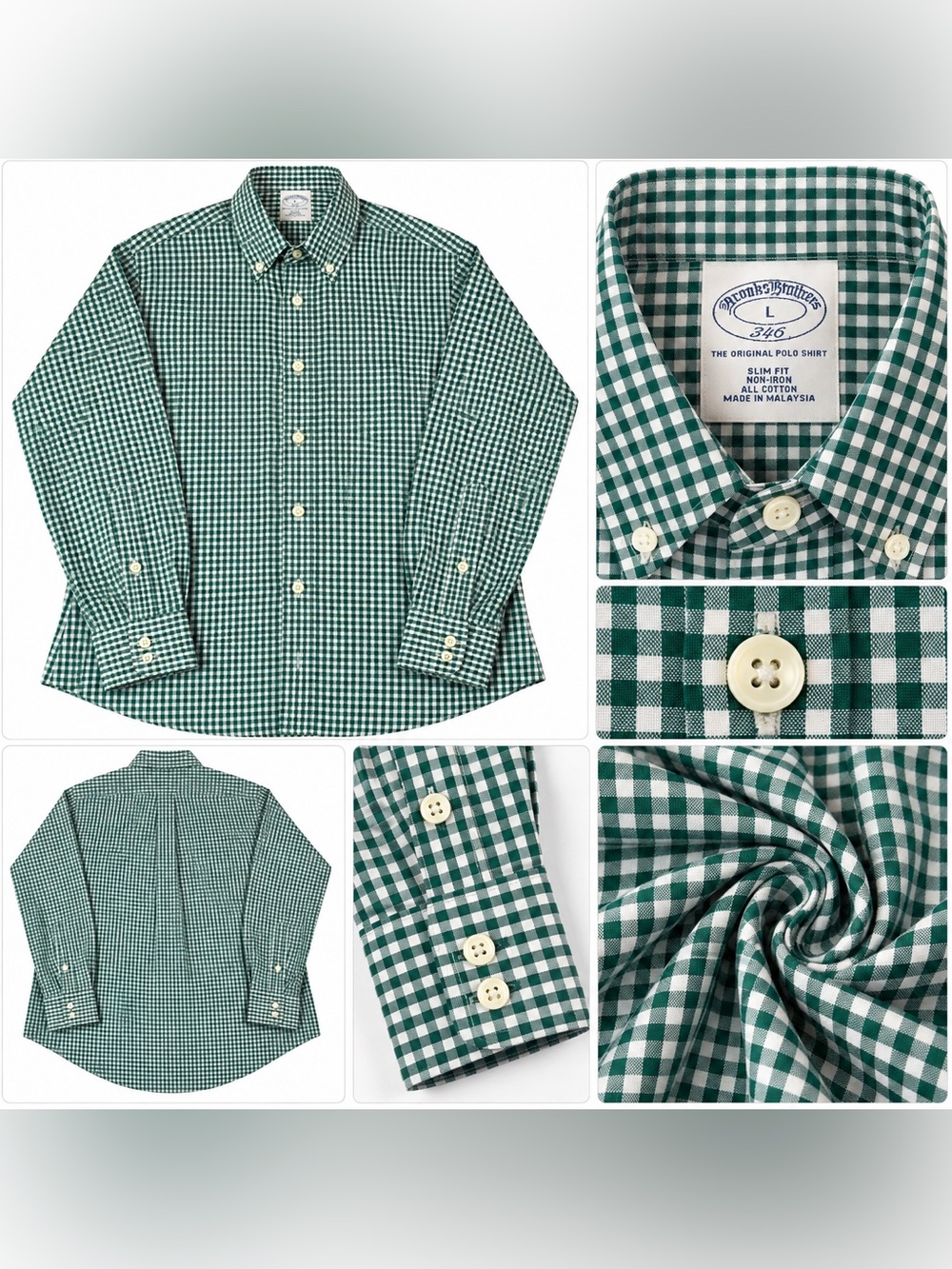 Brooks Brothers Green and White Gingham Button-Down Shirt